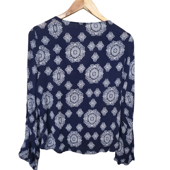 Altar'd State Medallion Faux Wrap Boho Top with Laced Sleeve in Navy. - Picture 2 of 9